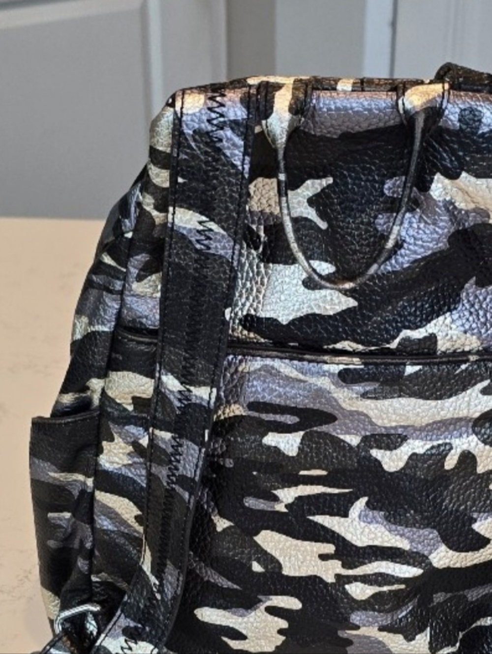 Aimee Kestenberg Becca Pebbeled Leather Metallic Camoflauge Backpack Womens - Picture 14 of 14